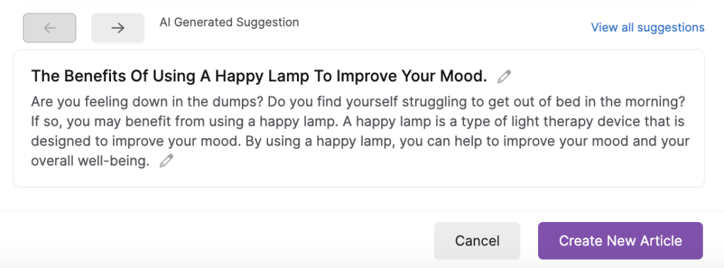 Screenshot of an AI generated blog title and summary in SearchAtlas