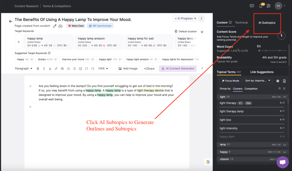 Screenshot of the SEO Content Assistant with a red arrow pointing toward the AI Subtopics button