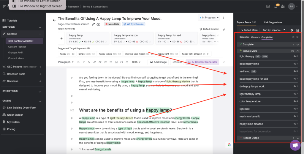 Screenshot of the SEO Content Assistant with red arrows pointing at the Focus Term suggestions