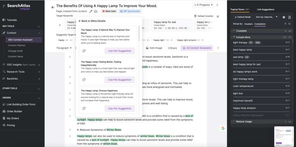 List of AI Generated title tags and meta descriptions in SearchAtlas