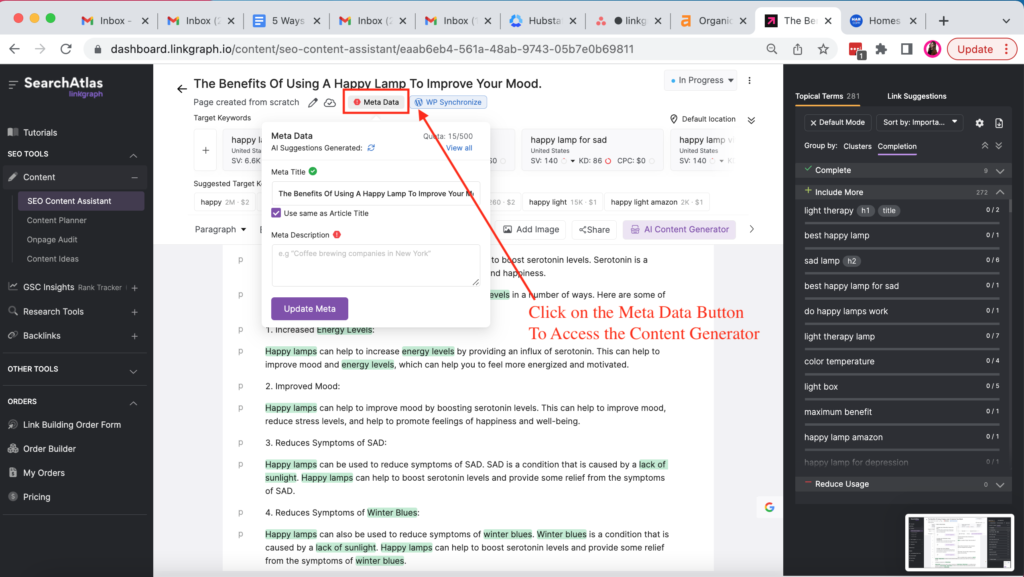 Screenshot of meta tag AI generator in SearchAtlas SEO Content Assistant