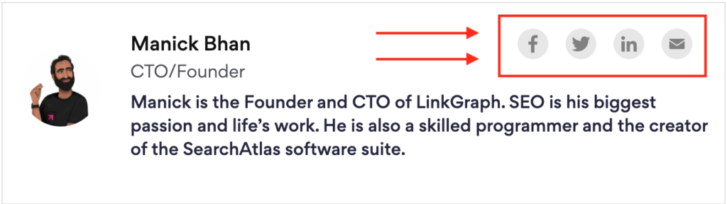 screenshot of an author bio that includes links to social media profiles