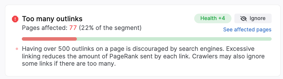 screenshot of the too many outlinks issue in searchatlas site audit report